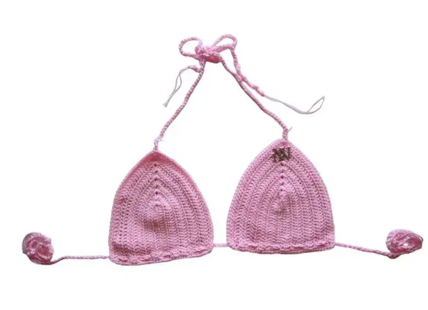 Handmade Nikita Naomi Crochet Swimwear Alize Pink Triangle Bikini TOP Size Small