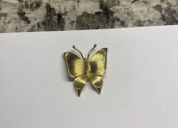 Monet Signed Costume Brooch Pin - Textured Gold Tone Butterfly Insect