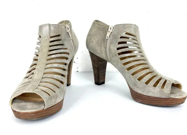 Paul Green Tasha Perforated Suede Leather Peep Toe Pumps Gold Tan Size 8 US