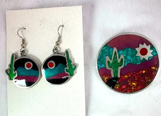 Ninibah Sterling Silver Resin Desert Scene Cactus Dangle Earrings and Pin Brooch