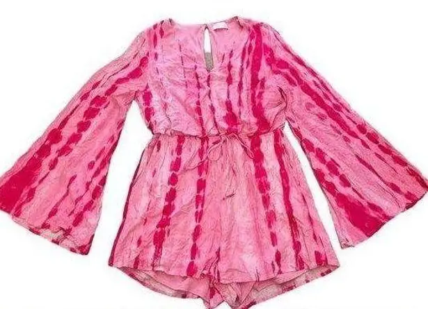 Pink Lady Bright Pink Barbie Hippie Boho Preppy Tie Dye Bell Sleeve Mini Romper Size M