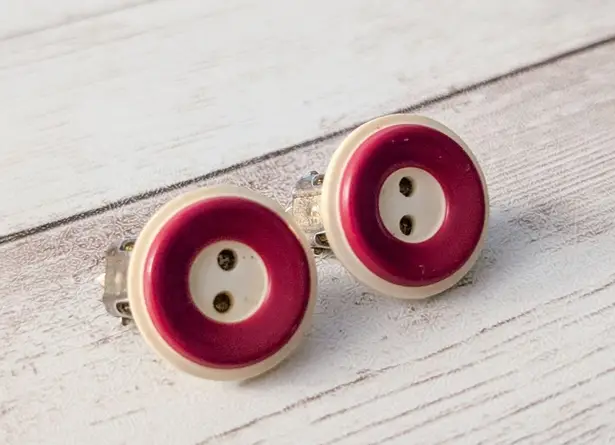 Vintage Clip On Earrings Red & Cream Button Design