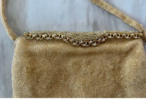 Le Goût du Jour Gold Beaded Swirl Rhinestone Filigree 50s Wrist Bag