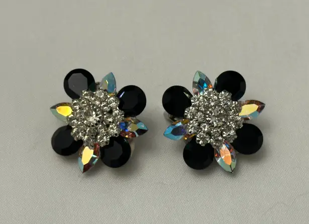 Glamorous Vintage Rhinestone Clip On Earrings Black Clear & Aurora Borealis