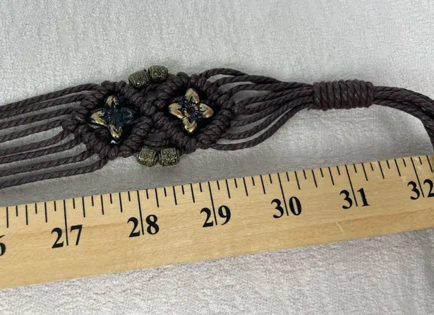 Crochet Waxed Yarn Brown Boho Beaded Woven Belt with Tie Tassels