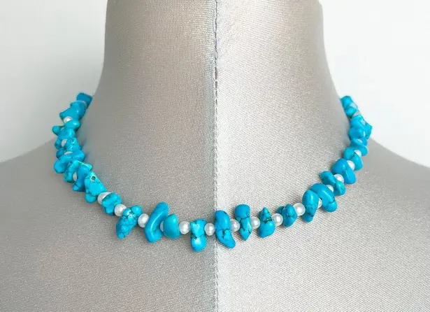 Turquoise Color Bead Nugget Necklace Choker with white pearls Y2K 90s