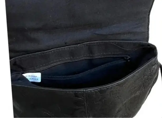 Vintage Crossbody Black Leather Bag Purse Floral Embossed Leather with Tassel