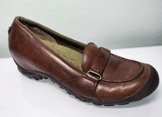 Merrell Plaza Glide Wedges Shoes 8 Saddle Brown Leather Driving Loafers Slip On