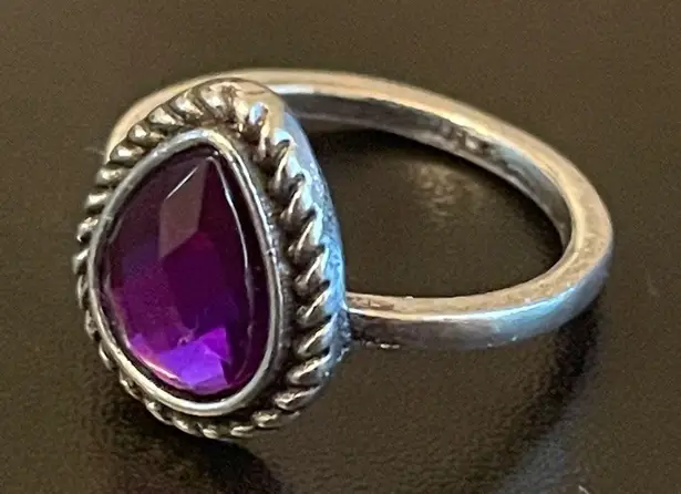 Water drop purple rhinestone silver plated ring size 5.5