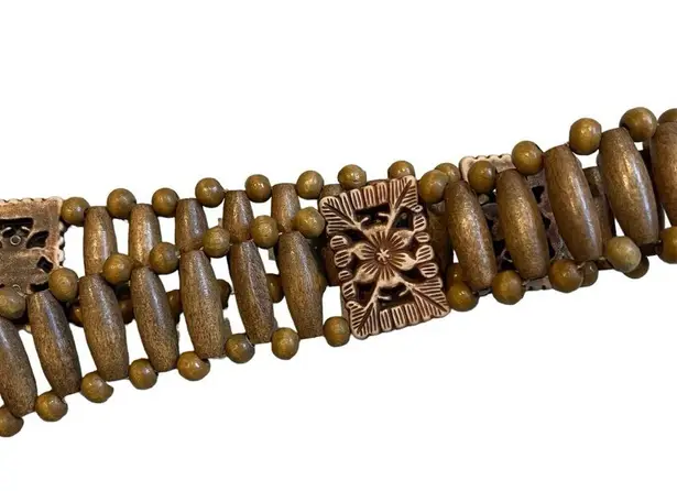 Vintage Womens Leather Wood Beaded Belt Macrame Style Boho, Sz S