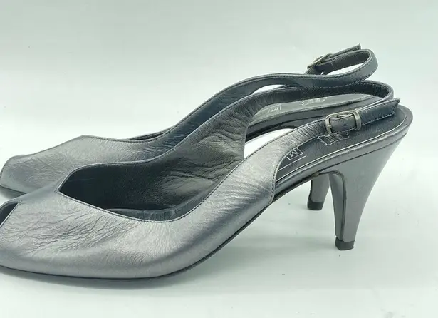 vintage NEW Bruno Magli kitten Heels Silver dress shoes peep toe Leather Size 7