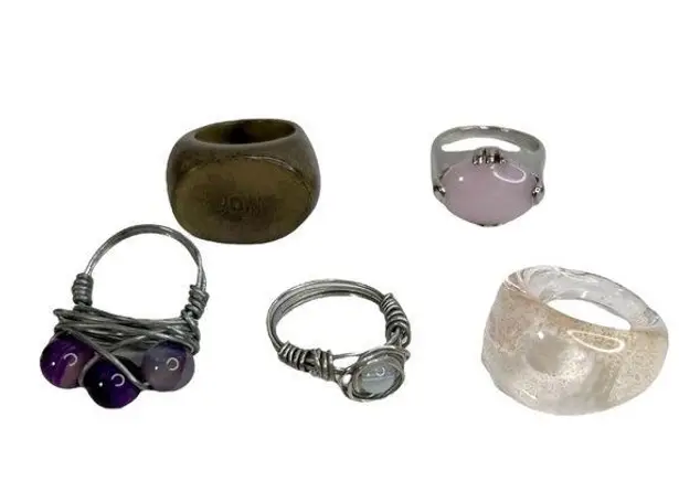 Lot of 5 Fashion Rings: Wired Wrapped, Wood & Glass