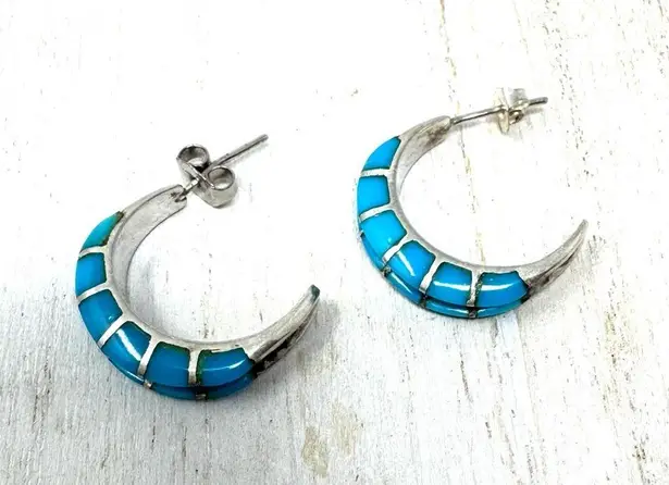 Sterling silver and inlaid turquoise half moon earrings, vintage
