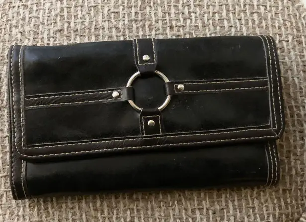 90s Black grunge goth leather purse wallet cardholder with silver circle ring hardware