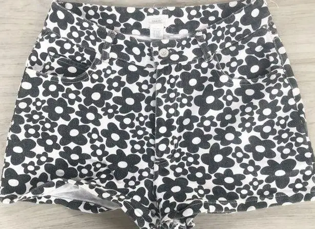 Full Tilt  Floral Patterned Black and White Denim Shorts