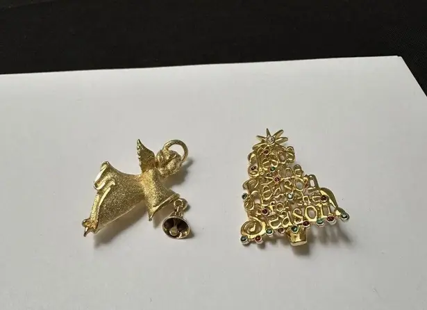 Lot Of 2 Brooch Pins Angel & Christmas Tree Jesus Is The Reason For The Season Gold