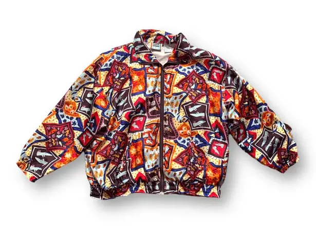 Vintage 90s EVR Silk Bomber Jacket XL Abstract Shoe Print Fall Leaves Colorful Red