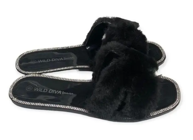 Wild Diva  Lounge Black Faux Fur Rhinestone Slides