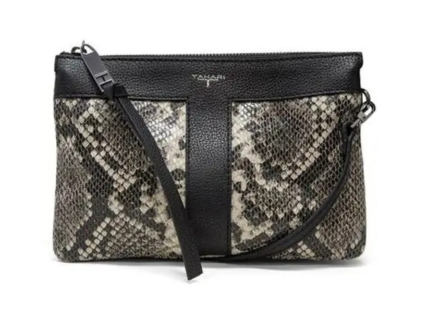T Tahari NWT Taryn Crossbody Bag Black Gray Snakeskin Embossed Leather Small
