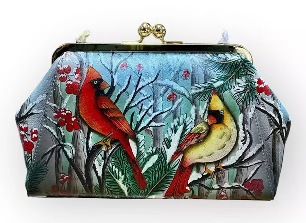 Anuschka Jungle Hand-Painted Leather Kiss Lock Clutch Crossbody Shoulder Purse