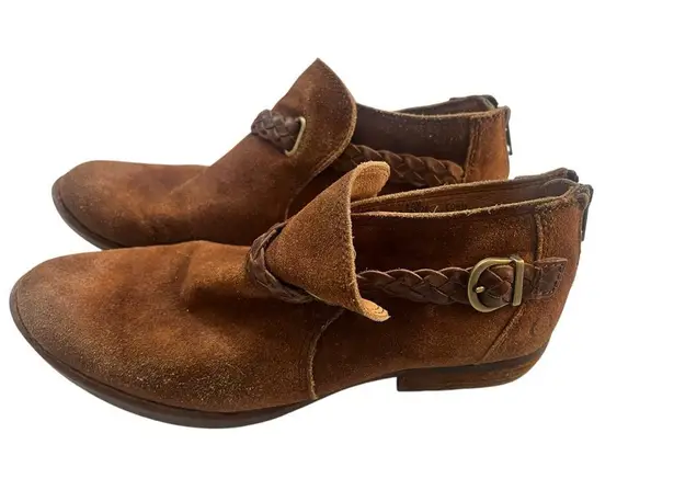 Born Kerri Ankle Boots Size 8.5 M Suede Zip Back Brown Buckle Cuban Heel Shoe