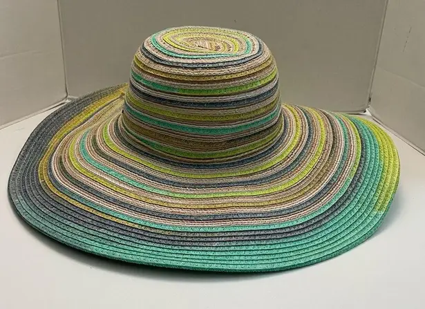 Panama Jack Hat Sun Straw Paper Wide Brim Beach Travel Striped Green Yellow Grey