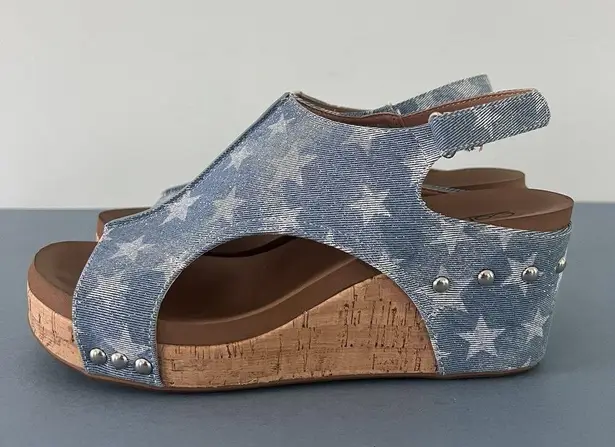 Corkys Carley Patriotic Star Studded Denim Slingback Wedge Sandals Blue Size 9