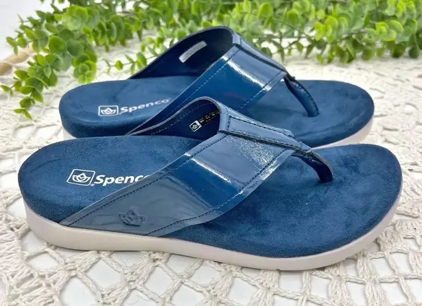Spenco Hampton Patent Leather Thong Sandals Navy Blue Sz 6