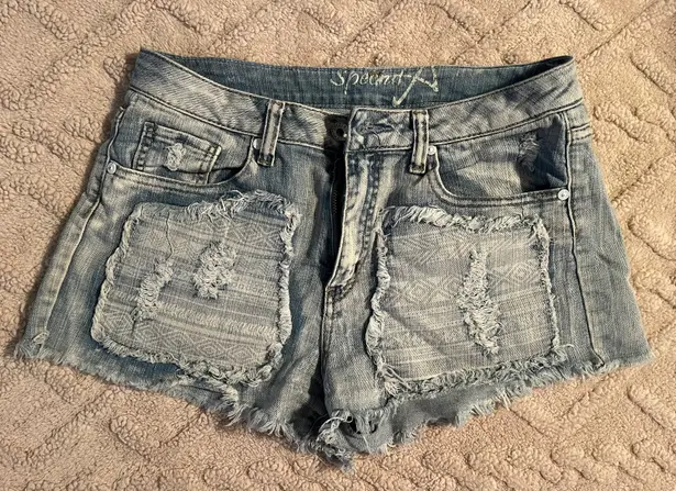 Women’s Denim Shorts Boho Aztec Patch Designs Blue Size M