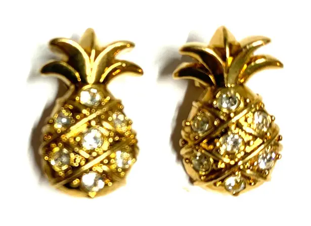 Vintage Gold Pineapple Stud Earrings with Rhinestones