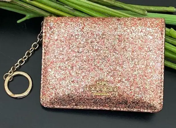 Coach  Genuine Leather Glitter Rose Gold Key Ring Card Case ID Holder Wallet