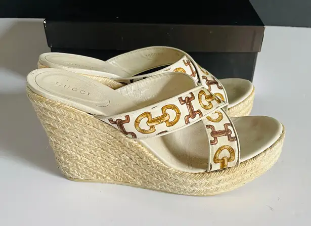 Gucci Bamboo Horsebit Leather and Satin Printed Espadrilles Wedge Sandals Sz 9+