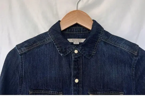 AllSaints Polly Denim Midi Dress Size 2 Pearl Snap Button Boho Western Cowgirl Blue