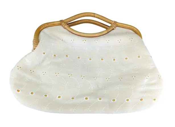 True Vintage Eyelet Straw Handle Kiss Lock Clutch Handbag Cream White
