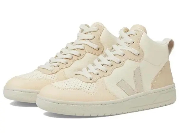 VEJA V-15 Chromefree Leather Hi-Top Sneakers in Cashew Pierre, Size 36, NEW