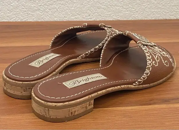 Brighton  “Osprey” Brown Leather Contrast Stitch Flower Flat Sandals Size 8M