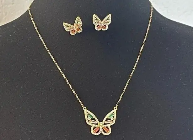 Stainless Steel Copper 18k Gold Plated Butterfly Zircon Earrings & Necklace Set
