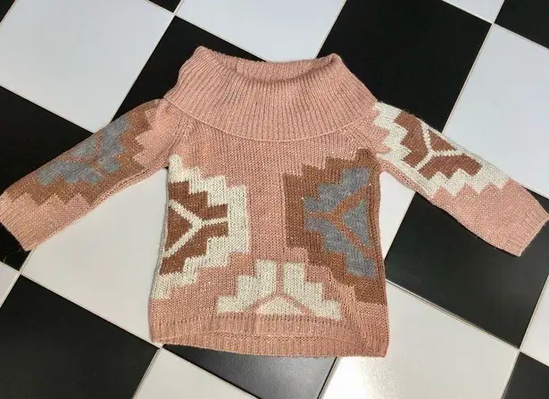 Sundance Oversized Knit Sweater Cowl Neck Sequins Dusty Rose Pink Aztec Print XS
