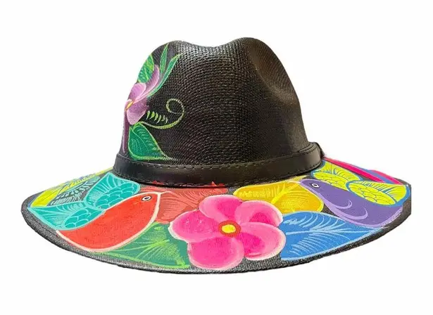 HAT MEXICAN Artisanal Hand Painted Fedora Floral Sombrero Panama Bohemian Black