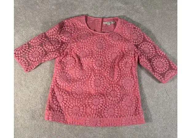 Boden Pink Overlay Lace Net Embroidered Flower Blouse US 6 UK 10 Buttons Blue