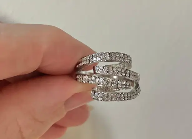 Boutique Silver Sparkly Multi Layered Four Shank Folded Ring “Nazarin” Pave Inset Rhinestone Jewelry