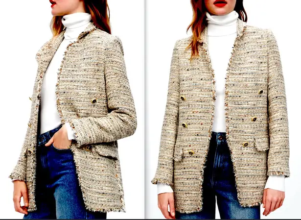 ZARA cream open front gold button tweed long sleeve blazer jacket XS