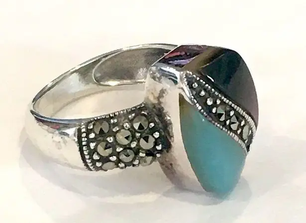 Sterling Silver Marcasite Jade Abalone Ring