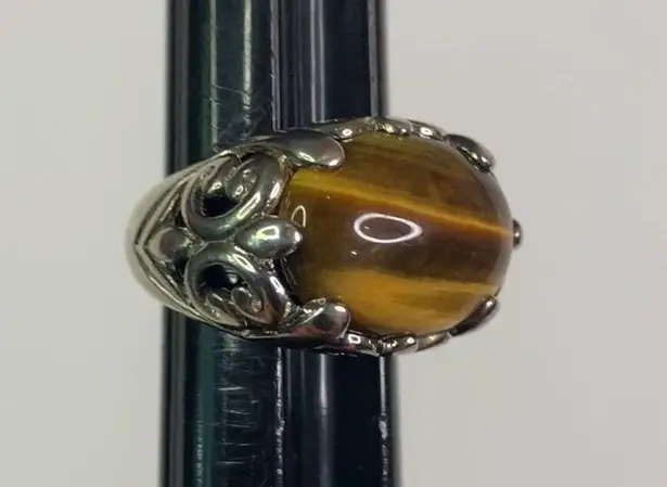 Sterling Silver 925 Stylish Tiger Eye Statement Ring, Ornate Band, Size 5 1/2