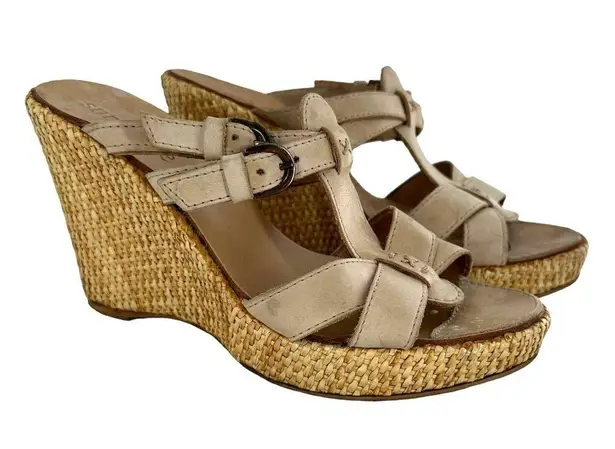 Sundance Beige Leather Open Toe Woven Wedge Heel Slides Size 38 Sandals Tan