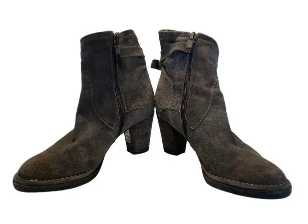 Alberto Fermani Booties 8.5 Leather Suede Almond Toe Block Heel Buckle Brown