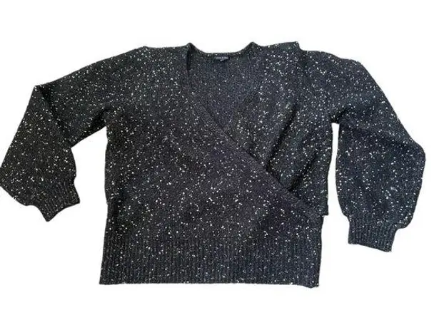 Violets & Roses Black Gold Metallic Sparkle Wrap Bishop Long Sleeve Sweater Top Size XL