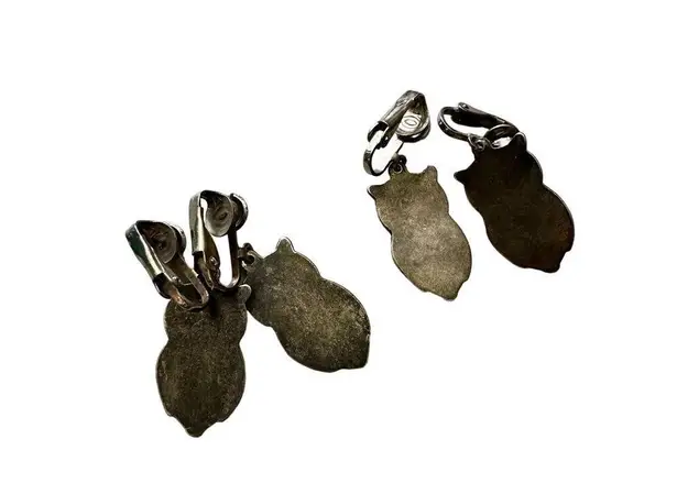 Vintage Owl Clip On Earrings Abalone Shell Yellow Set