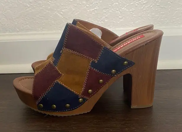 Unionbay Retro Boho Y2K Brown Burgundy Blue Yellow Patchwork Platform Mules 7.5