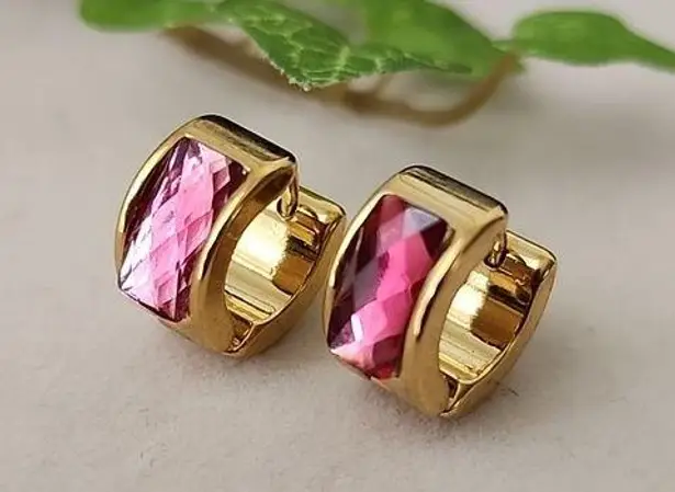 Gold with Pink Crystal Huggie Cuff Hoop Earrings